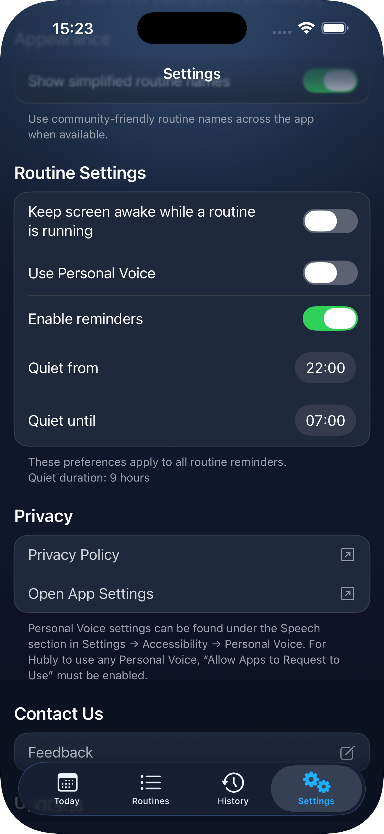 Hubly quiet hours settings screen