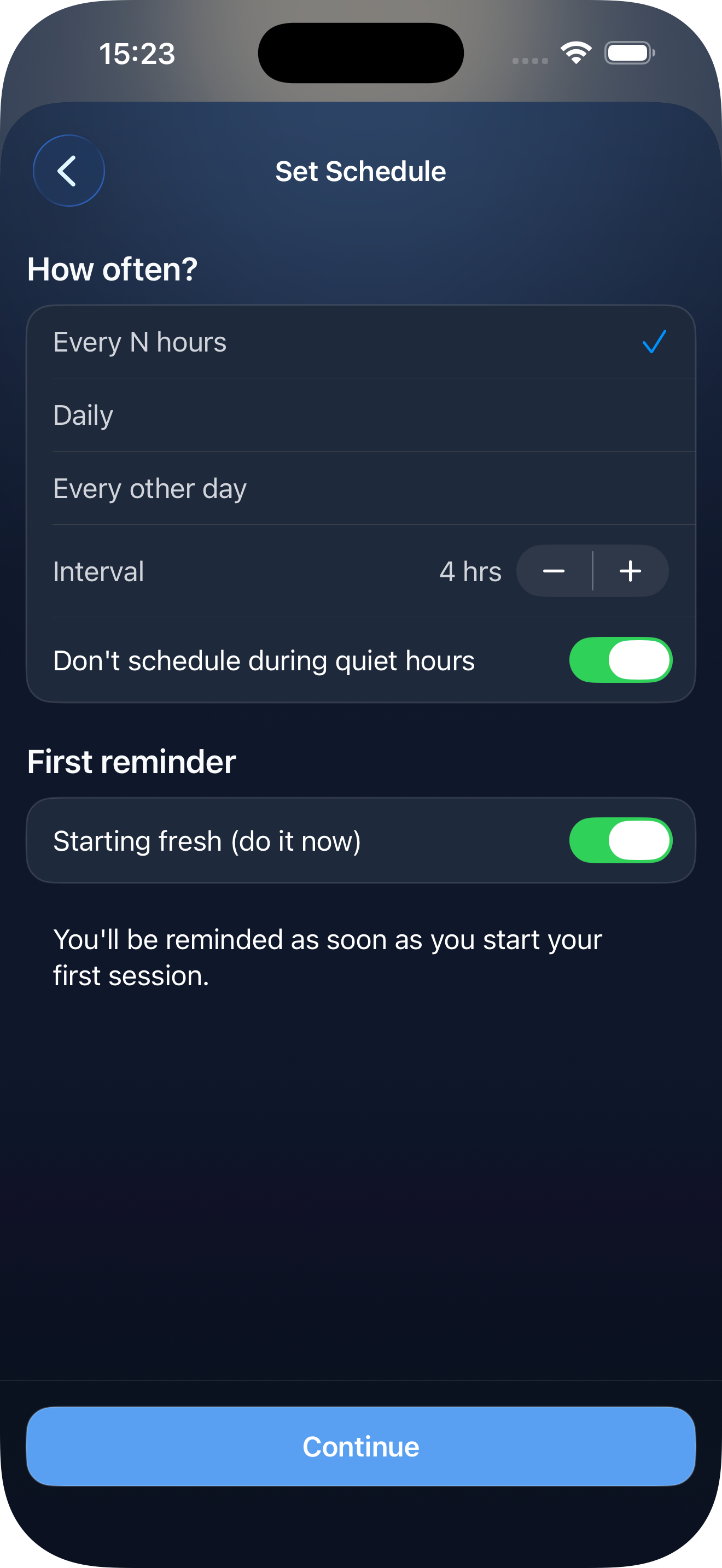 Hubly routine quiet settings screen