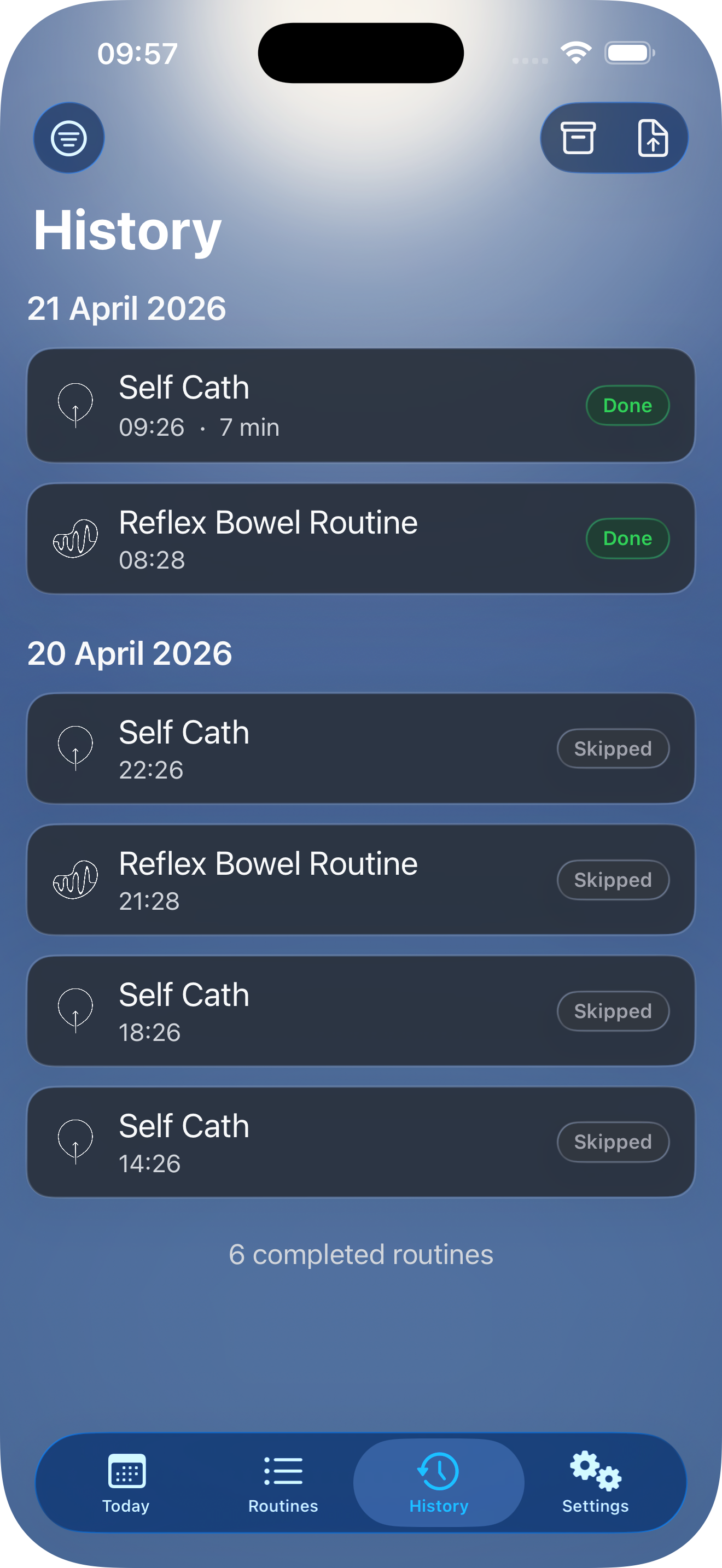 Hubly session history screen